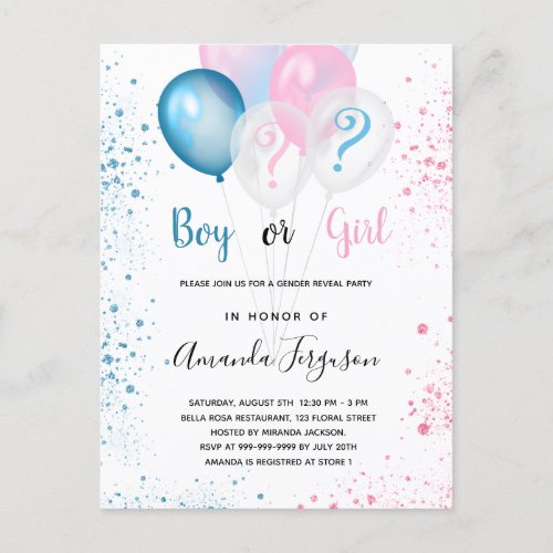 Gender reveal baby shower blue pink boy girl  invitation postcard