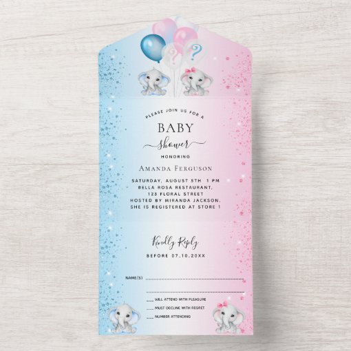 Gender reveal baby shower blue pink elephants RSVP All In One