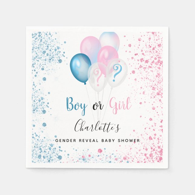 Gender reveal baby shower blue pink glitter napkins (Front)