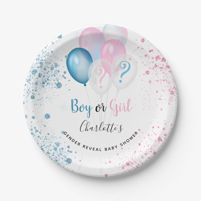 Gender reveal baby shower blue pink glitter paper plates (Front)