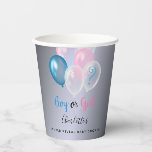 Gender reveal baby shower blue pink silver paper cups