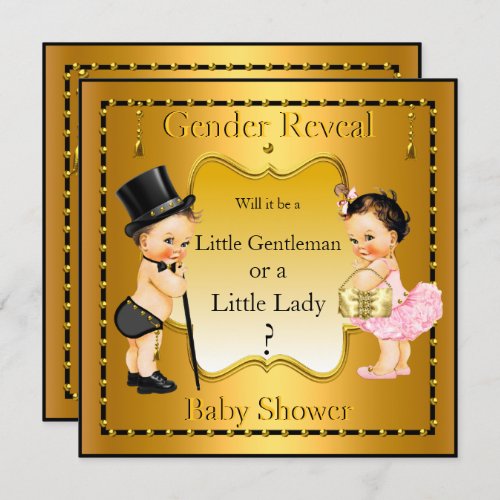 Gender Reveal Baby Shower Boy Girl Gold Brunette Invitation