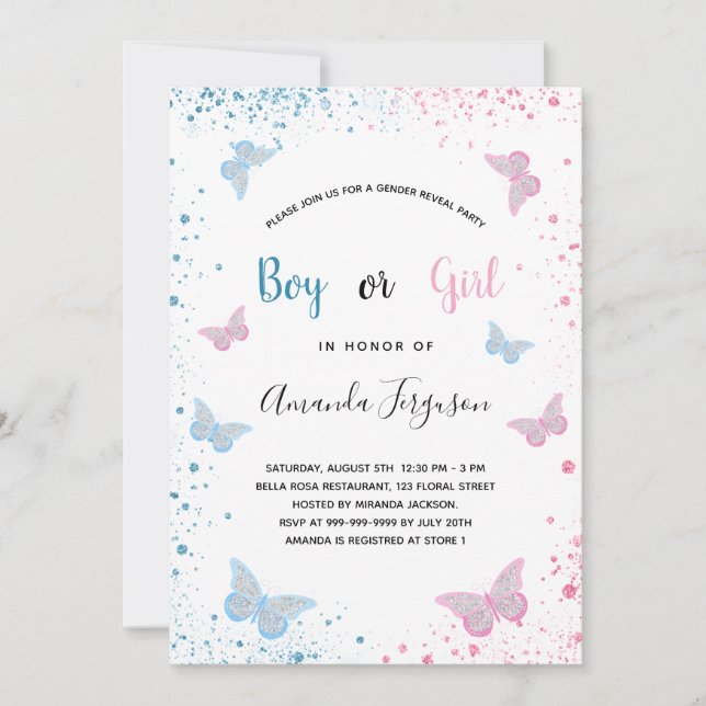 Gender reveal baby shower butterflies blue pink invitation (Front)