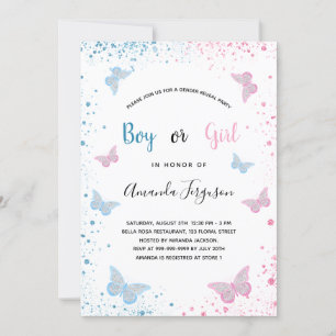 Gender reveal baby shower butterflies blue pink invitation
