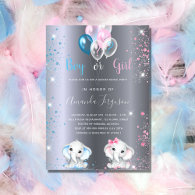 Gender reveal baby shower elephant silver glitter invitation