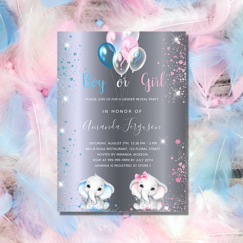 Gender reveal baby shower elephant silver glitter invitation