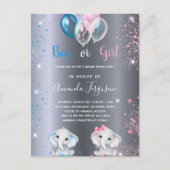 Gender reveal baby shower elephant silver glitter invitation postcard (Front)