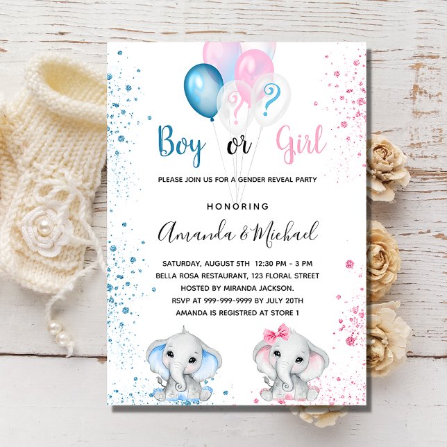 Gender reveal baby shower elephants blue pink invitation (Creator Uploaded)