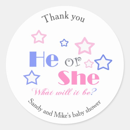 Gender reveal baby shower he or she baby shower classic round sticker