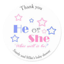 Gender reveal baby shower he or she baby shower classic round sticker