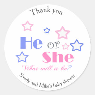 Gender reveal baby shower he or she baby shower classic round sticker