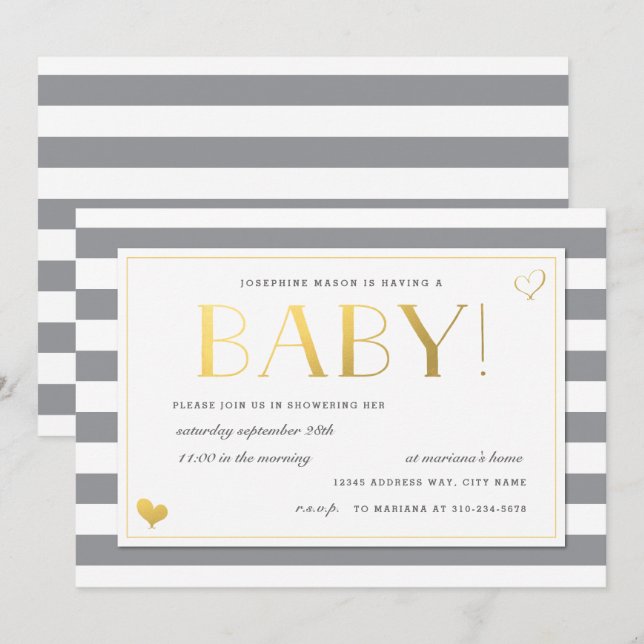 Gender Reveal Baby Shower in Gray & Faux Gold Invitation (Front/Back)