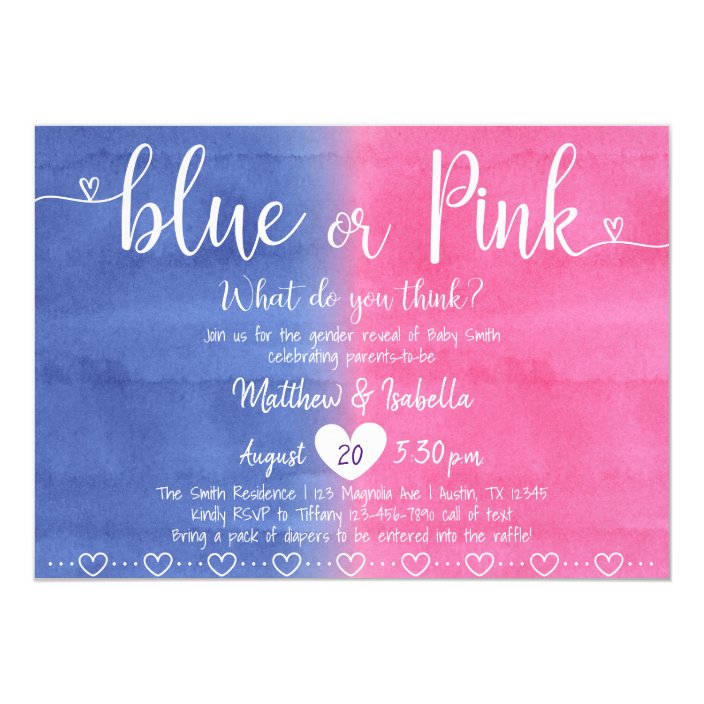 Gender Reveal Baby Shower Invitation Blue Pink