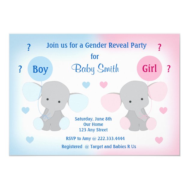 Gender Reveal Baby Shower Invitation Elephant