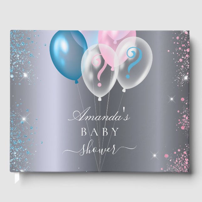 Gender reveal baby shower party silver blue pink guest book (Front)