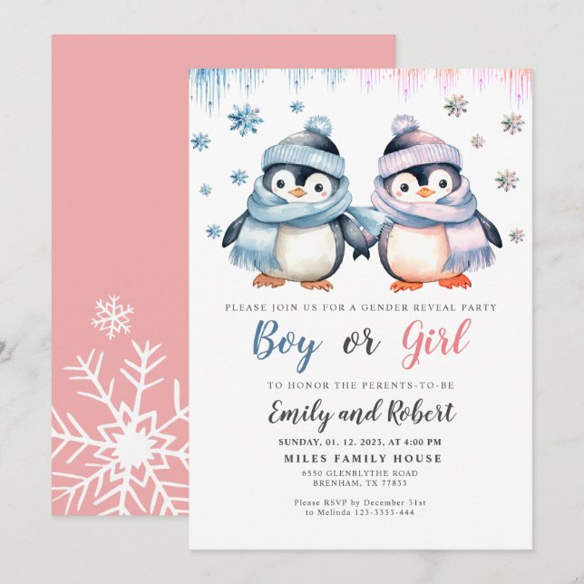 Gender Reveal Baby Shower Penguin Invitation (Front/Back)