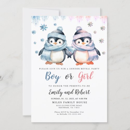 Gender Reveal Baby Shower Penguin Invitation