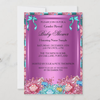 Gender Reveal Baby Shower Pink Teal Blue Crystals Invitation