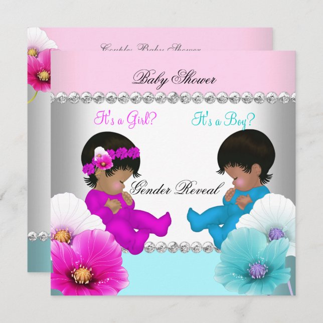 Gender Reveal Baby Shower Pink Teal Blue Flowers Invitation (Front/Back)