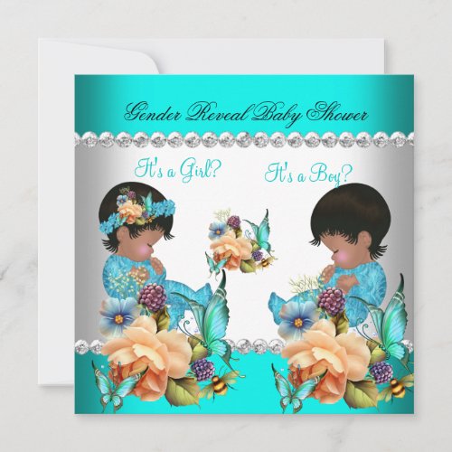 Gender Reveal Baby Shower Teal Blue Flowers Invitation