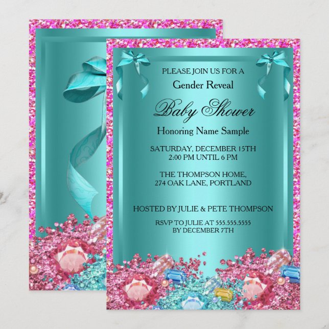 Gender Reveal Baby Shower Teal Pink Crystals 2 Invitation (Front/Back)