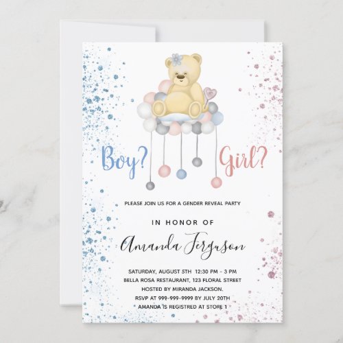 Gender reveal baby shower teddy bear blue pink invitation