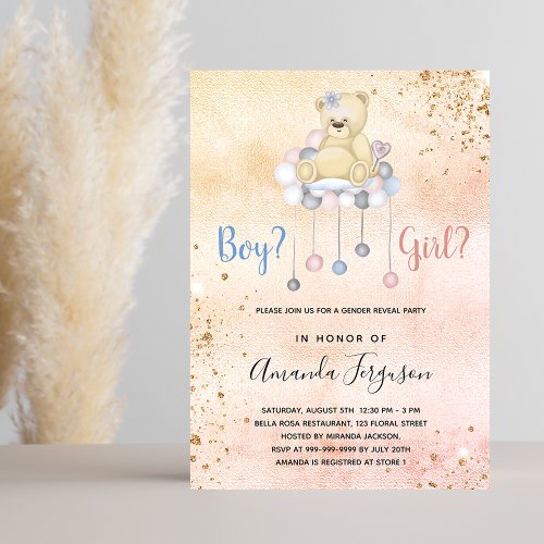 Gender reveal baby shower teddy bear boy girl invitation