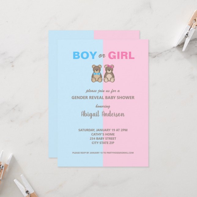 Gender Reveal Baby Shower Teddy Bears Invitation (Front/Back In Situ)