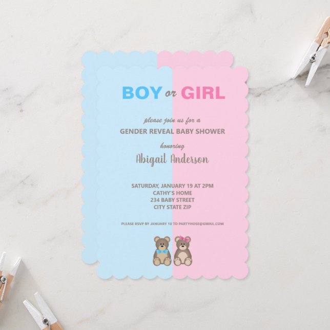 Gender Reveal Baby Shower Teddy Bears Invitation (Front/Back In Situ)