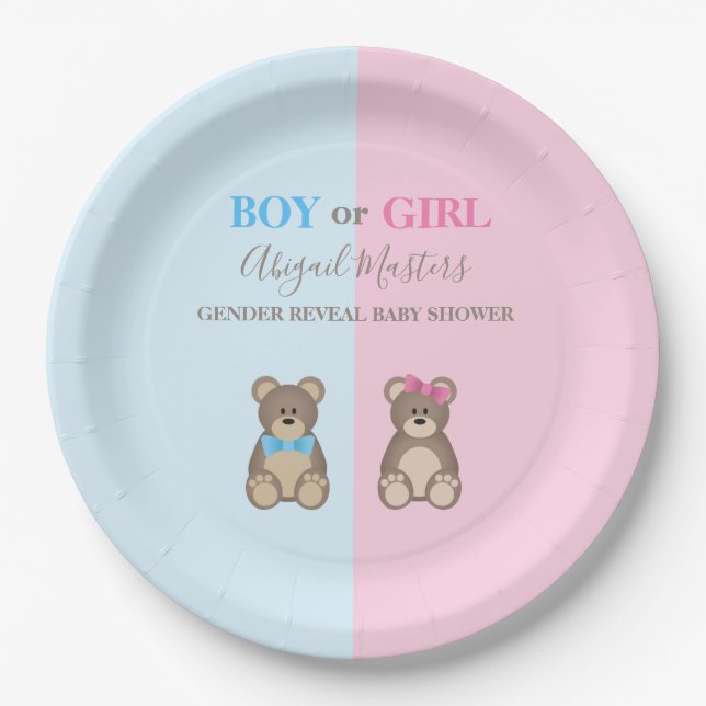Gender Reveal Baby Shower Teddy Bears Paper Plates (Front)