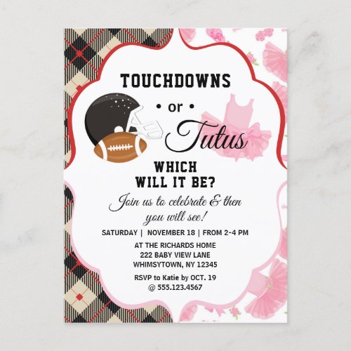 Gender Reveal Baby Shower Touchdowns or Tutus Invitation Postcard