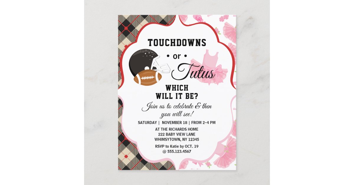 Gender Reveal Baby Shower Touchdowns Or Tutus Invitation Postcard