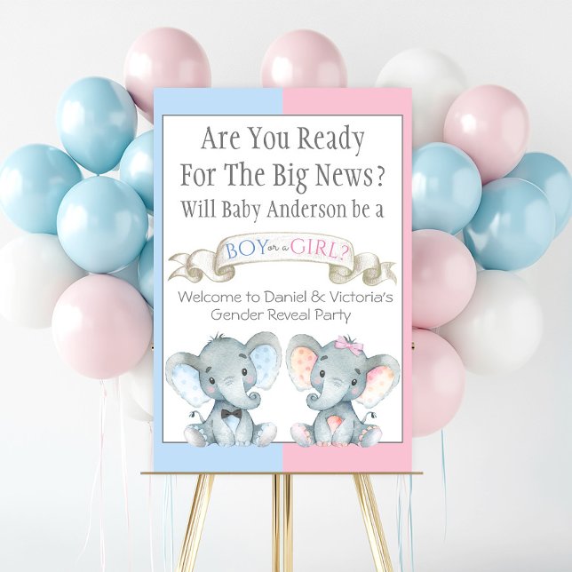 Gender Reveal Baby Shower Welcome Signs (Elephant gender reveal baby shower welcome sign with tow adorable baby elephants.)