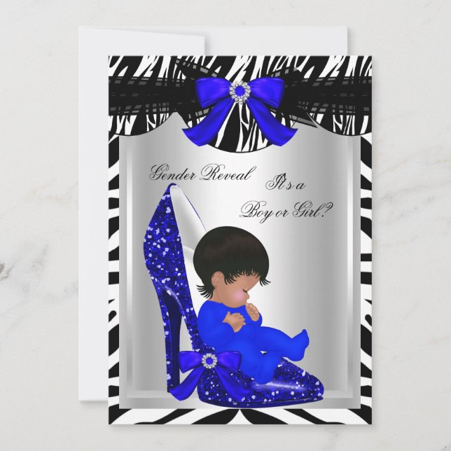 Gender Reveal Baby Shower Zebra Blue Baby Shoe Invitation (Front)