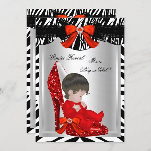 Gender Reveal Baby Shower Zebra Red Baby Shoe 3 Invitation