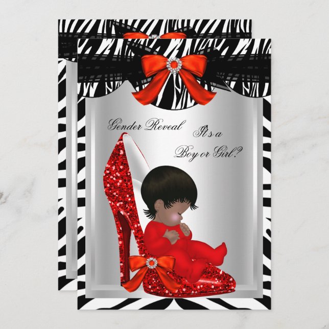 Gender Reveal Baby Shower Zebra Red Baby Shoe Invitation (Front/Back)