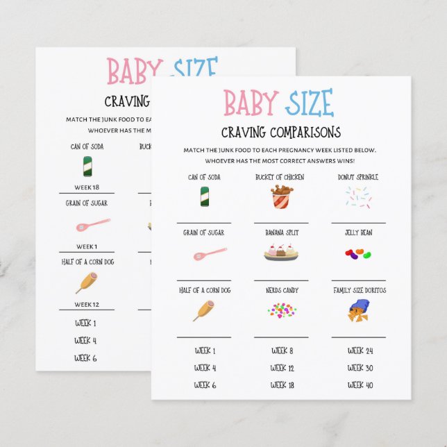 Gender Reveal Baby Size Craving Comparisons Game  (Front/Back)