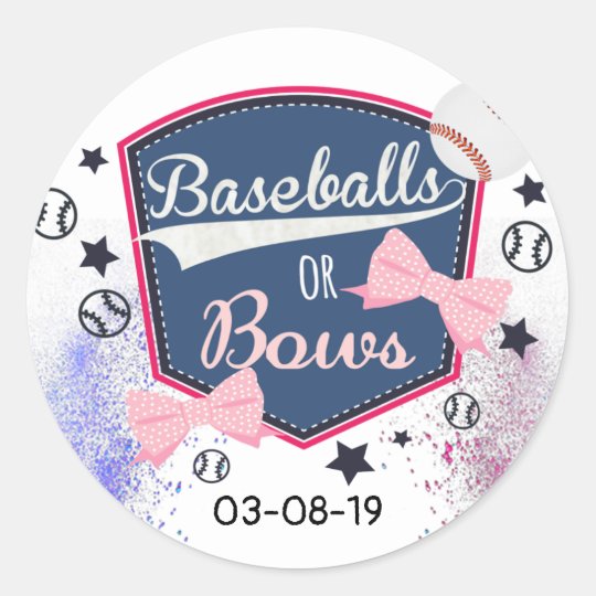 Gender Reveal baseball or bows Classic Round Sticker ...