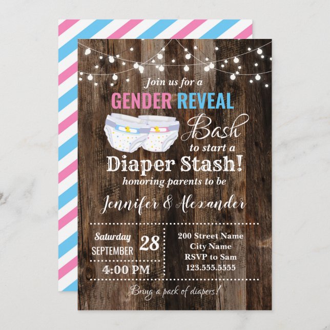 Gender Reveal Bash to start a Diaper Stash Invitation (Front/Back)