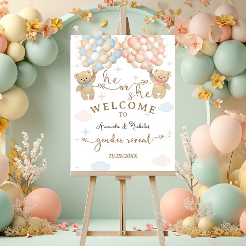 Gender Reveal bear balloons pink blue welcome sign