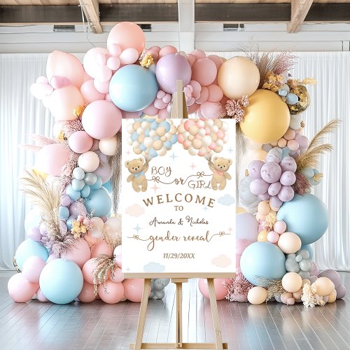 Gender Reveal bear balloons pink blue welcome sign