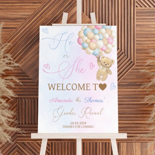 Gender Reveal Bear Hearts  Balloons Welcome Sign