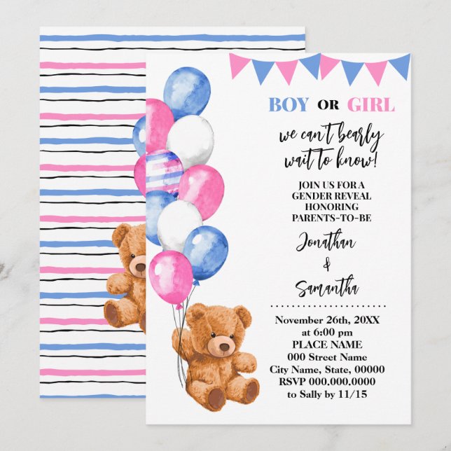 Gender Reveal Bear Pink and Blue Balloons Invitation (Front/Back)