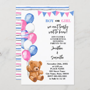 Gender Reveal Bear Pink and Blue Balloons Invitation