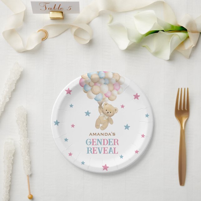 Gender Reveal Bear Pink Blue Modern Paper Plates (Wedding)