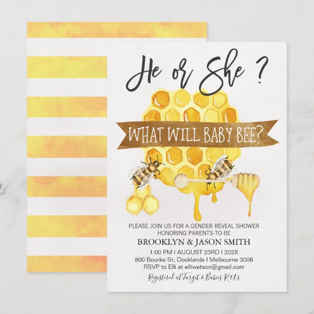Gender Reveal Bee Themed Baby Shower Invitation (Front/Back)