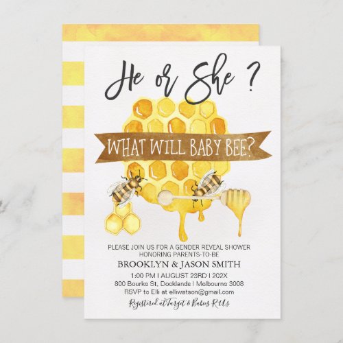 Gender Reveal Bee Themed Baby Shower Invitation