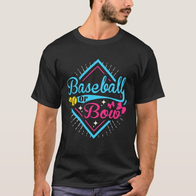 Gender Reveal Blue Baseball Boy Pink Bow Girl T-Shirt (Front)