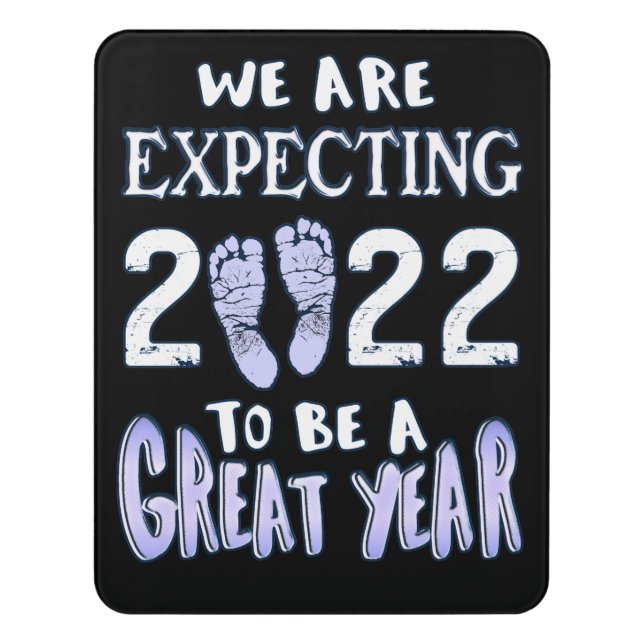Gender Reveal Blue Footprints 2022 Expecting Door Sign (Contemporary Vert)