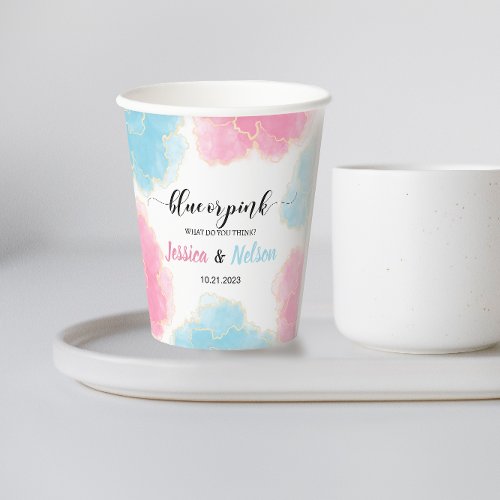 Gender reveal blue or pink baby shower paper cup